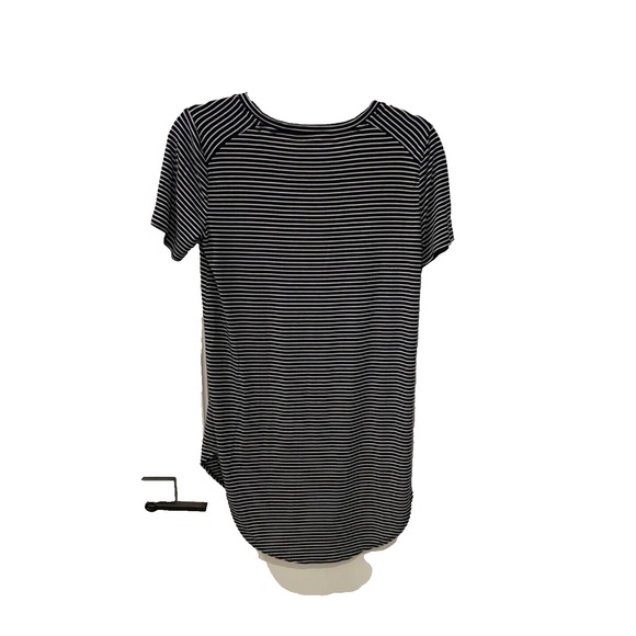 Womens crew neck long tunic top; Stretch; Navy/white stripes; Small - Picture 2 of 3